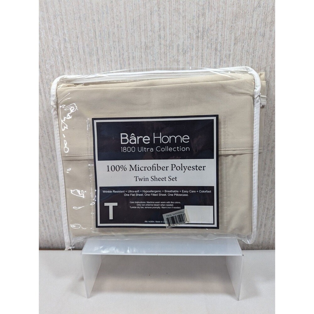 Bare Home Microfiber Polyester Twin Sheet Set Sandshell Flat Fitted Pillowcase